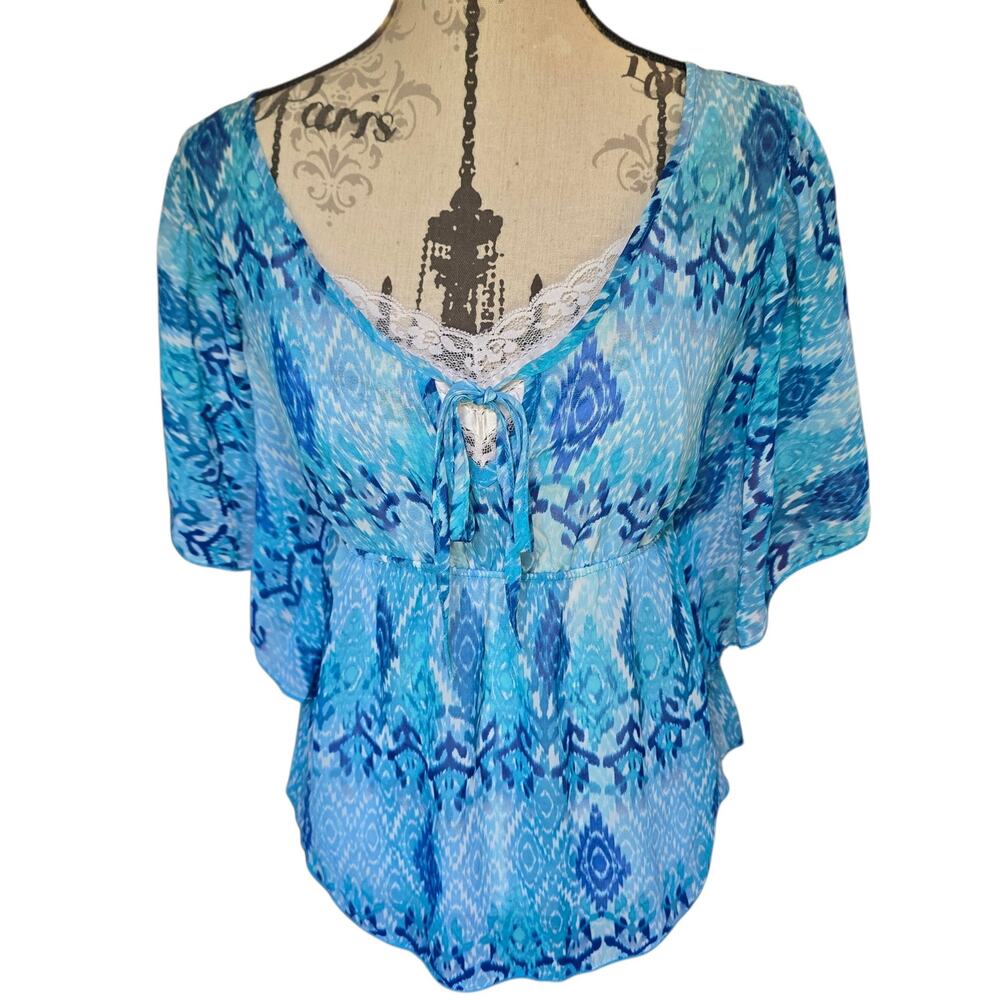 Y2k Coastal Rue 21 Sheer Blue Geometric Blouse Size Medium